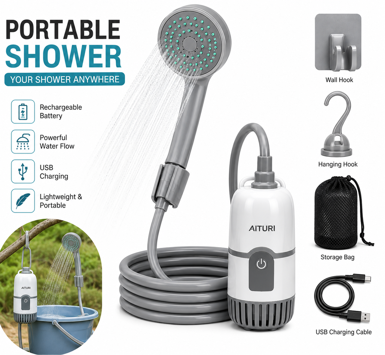 Portable Shower Pump – Rechargeable Shower with USB Charging for Travel & Emergency Use